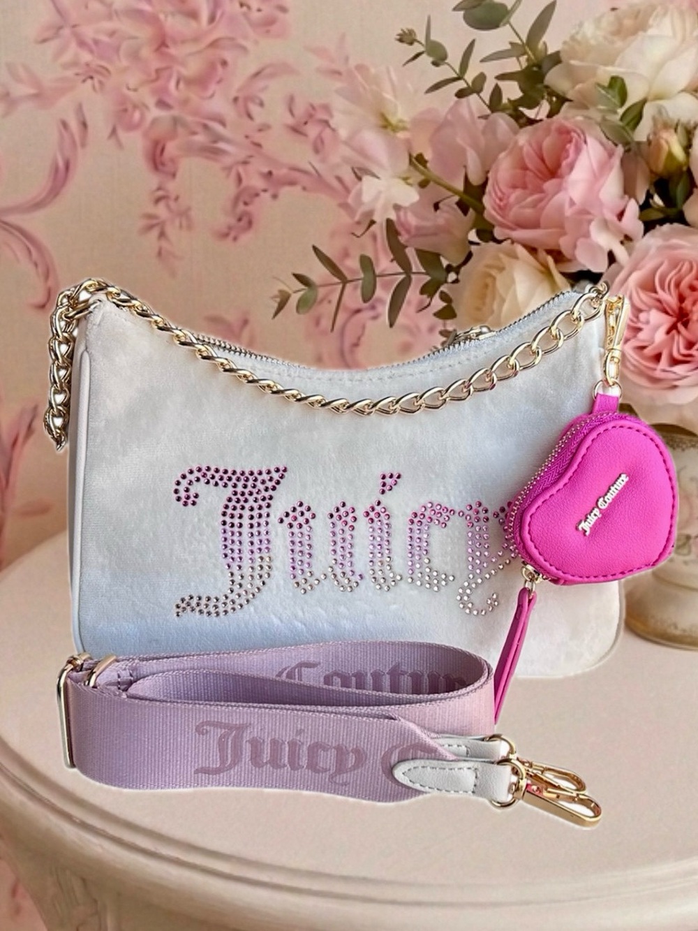 Juicy Couture Rhinestone Shoulder Bag Crossbody Heart Coin Purse White Pink.